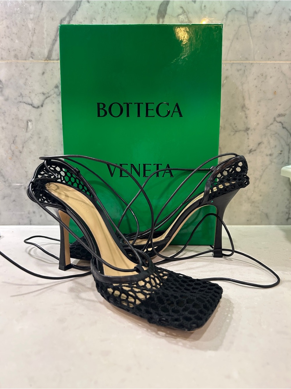 Bottega Veneta Black Lace-Up Mesh Square-Toe Heel